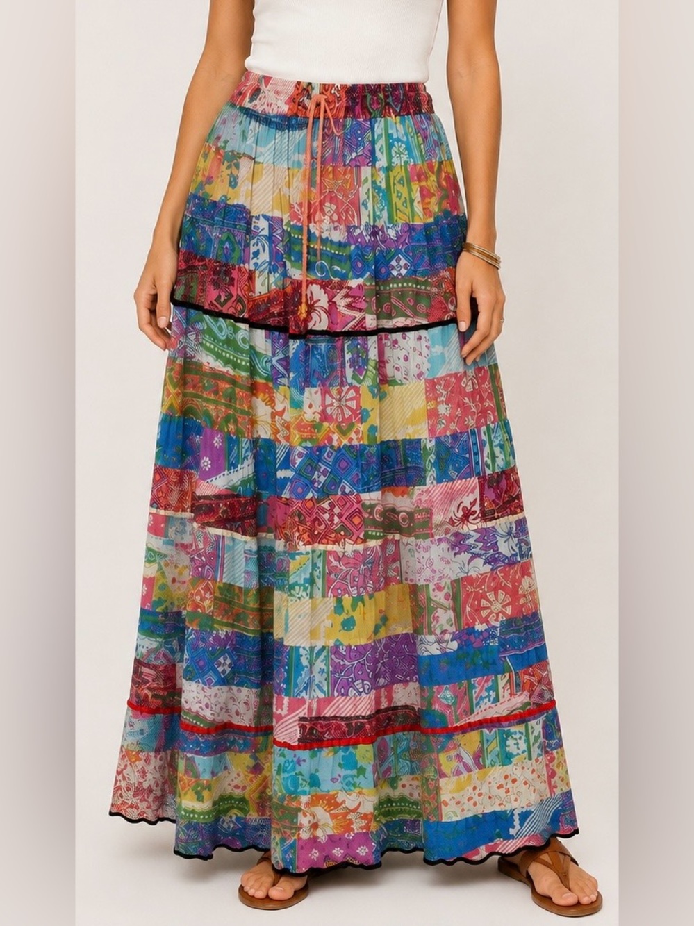 Vintage Paradise NY Patchwork Cotton Maxi Skirt Women M Boho Festival Cottage